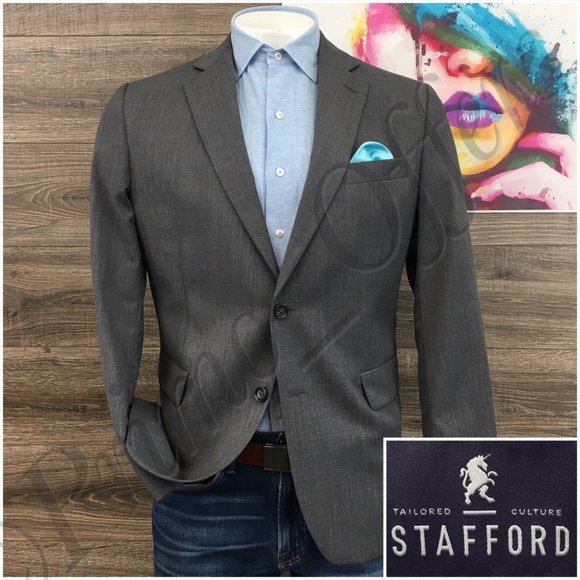 Stafford Mens Blazer Sport Coat Casual Button Jacket Size 42R Wool Classic Suits